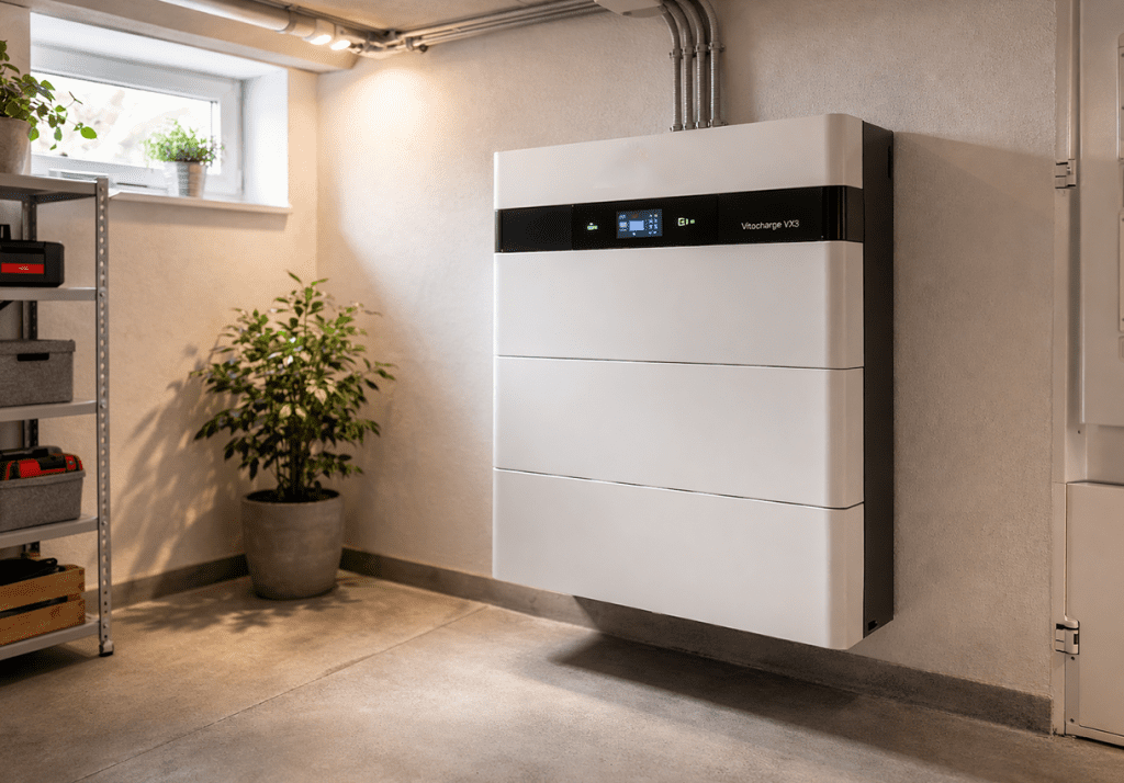 Das Foto zeigt einen Batteriespeicher in einem Keller mit ein paar Pflanzen.