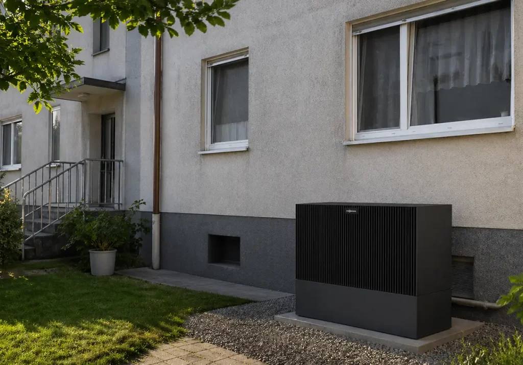 Viessmann Vitocal Wärmepumpe vor einem Altbau