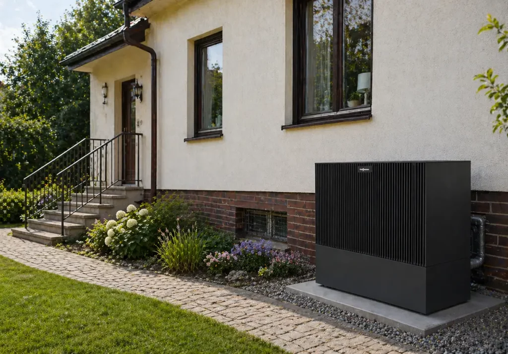 Viessmann Vitocal Wärmepumpe vor einem Einfamilienhaus aus den 1990er Jahren