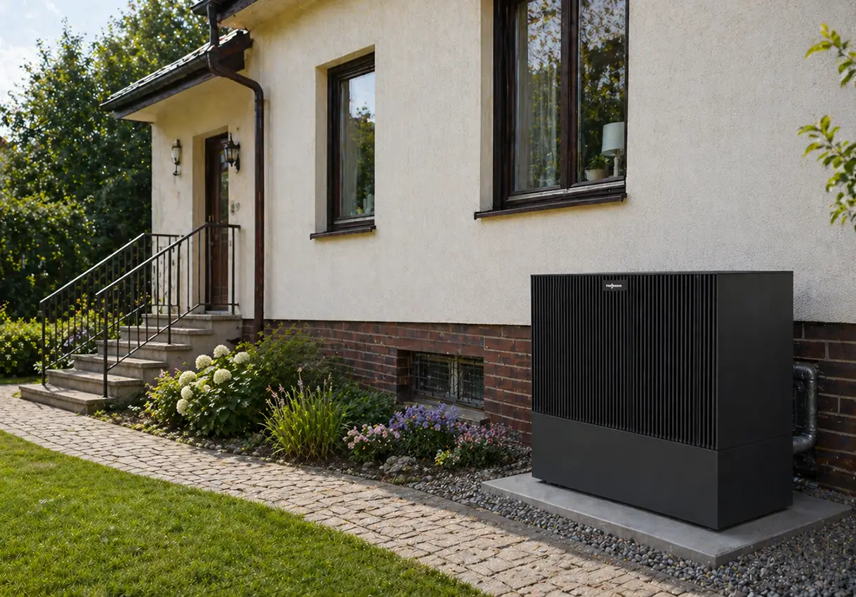 Viessmann Vitocal Wärmepumpe vor einem Einfamilienhaus aus den 1990er Jahren