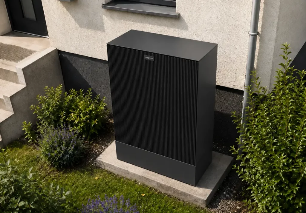 Viessmann Wärmepumpe in der Draufsicht vor einem modernisierten Altbau
