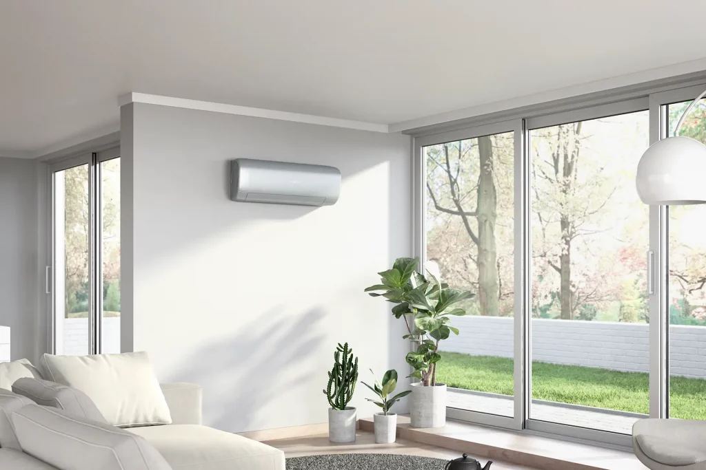 Modernes Wohnzimmer mit Viessmann Vitoclima Innengerät an der Decke.