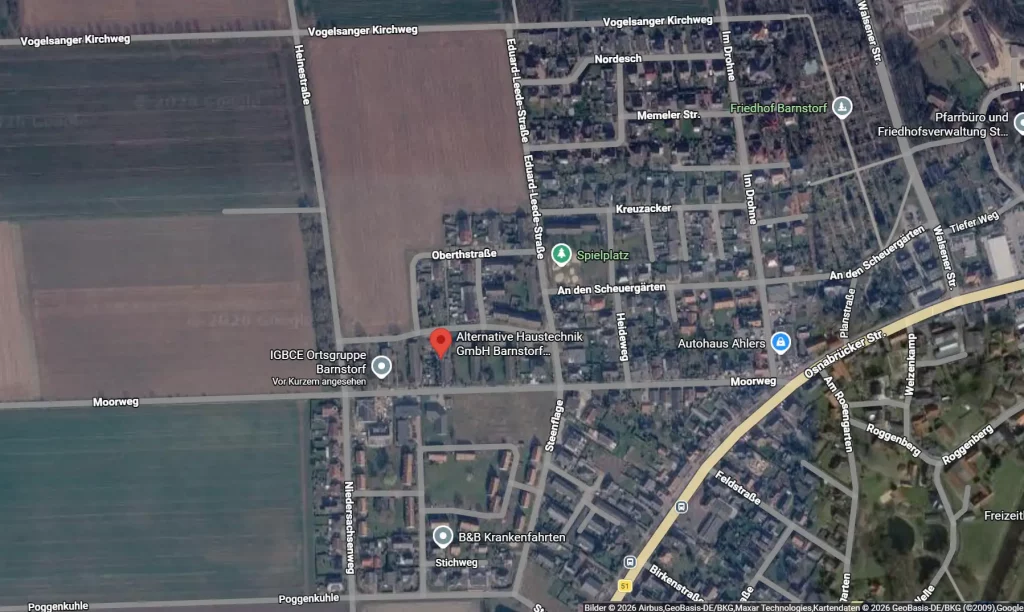 Google Maps Ausschnitt von Barnstorf, markiert ist der Standort der Alternative Haustechnik GmbH auf der Peenemünder Str. 21