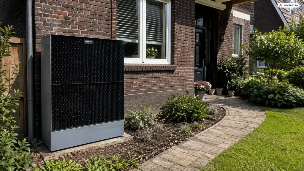 Viessmann Wärmepumpe vor einem Altbau im Vorgarten