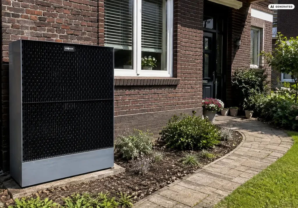 Viessmann Wärmepumpe vor einem Altbau im Vorgarten