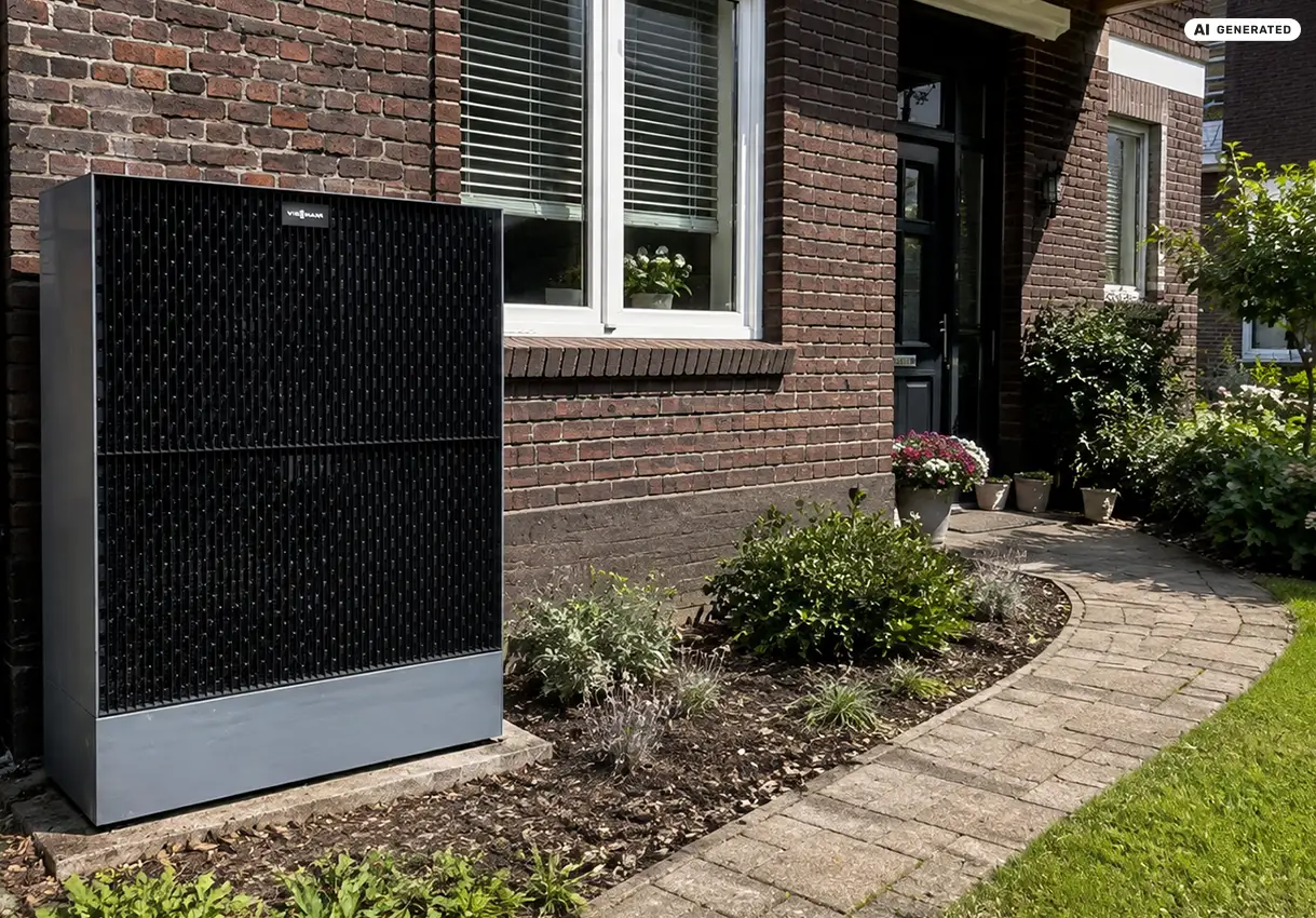 Viessmann Wärmepumpe vor einem Altbau im Vorgarten