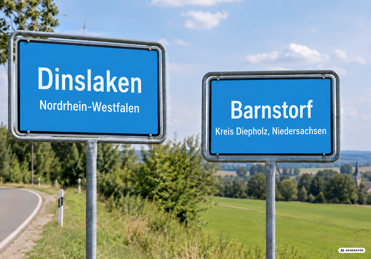 Fotomontage zweier Ortseingangsschilder (Dinslaken, NRW & Diepholz, Niedersachsen) an einer Straße im Grünen.