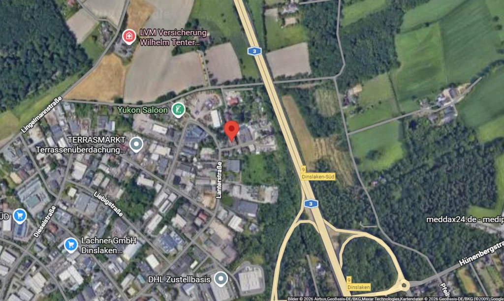 Google Maps Ausschnitt von Dinslaken, markiert ist der Standort der Alternative Haustechnik GmbH auf der Lanterstraße 36